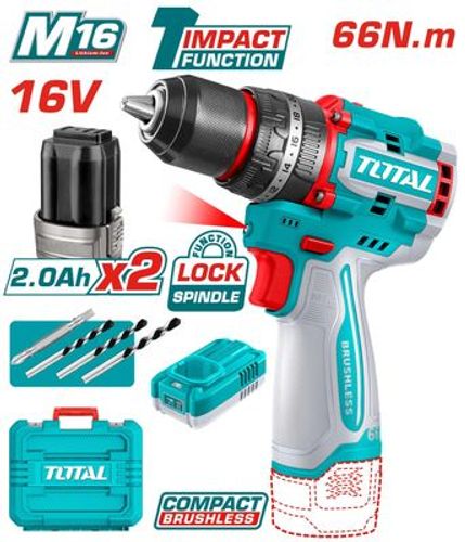 TOTAL Compact Brushless Cordless Impact Drill 16V (66NM)
مثقاب صدمي لاسلكي صغير الحجم بدون فرشاة