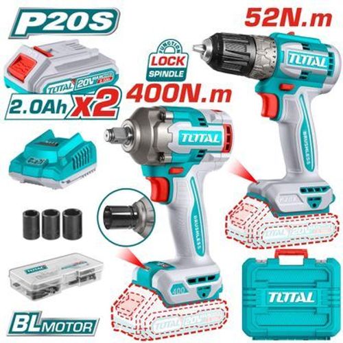 Total cordless 2 pcs Combo Kit 
Impact 400NM 
Drill Brushless 