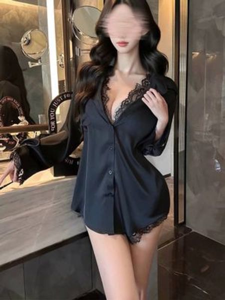 Silk Boyfriend Shirt Pajamas Set(PJ-SIK003-BK-XL) image 2
